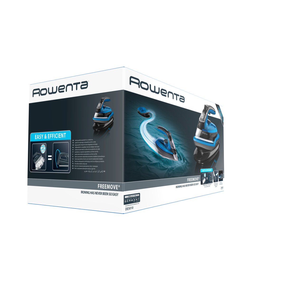 Pudełko ze zdjęciem niebieskiego żelazka, tekstem o tym, że jest łatwe i wydajne, oraz marką Rowenta.