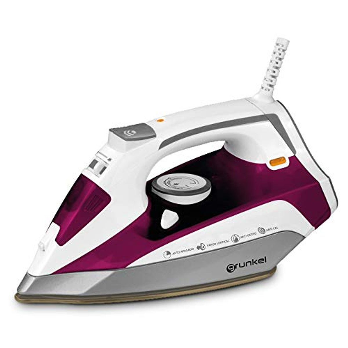 Una plancha blanca y morada con botones de control, con una base gris.