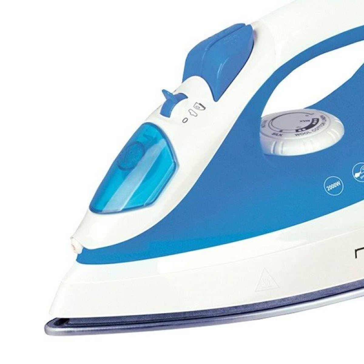 Biało-niebieskie żelazko z przyciskiem spryskiwacza wody i pokrętłem ustawień.