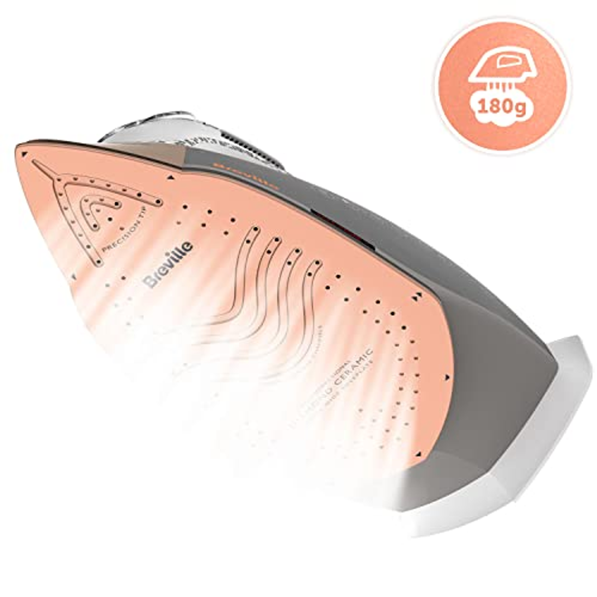 Breville-Bügeleisen, zeigt die Sohle, mit aufsteigendem Dampf und ein 180g-Symbol.