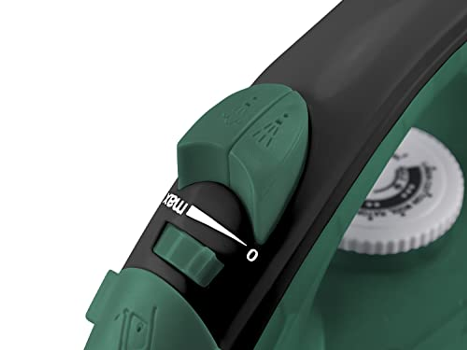 Primo piano di ferro da stiro verde e nero. Presenta un controllo vapore con indicatore max a zero.