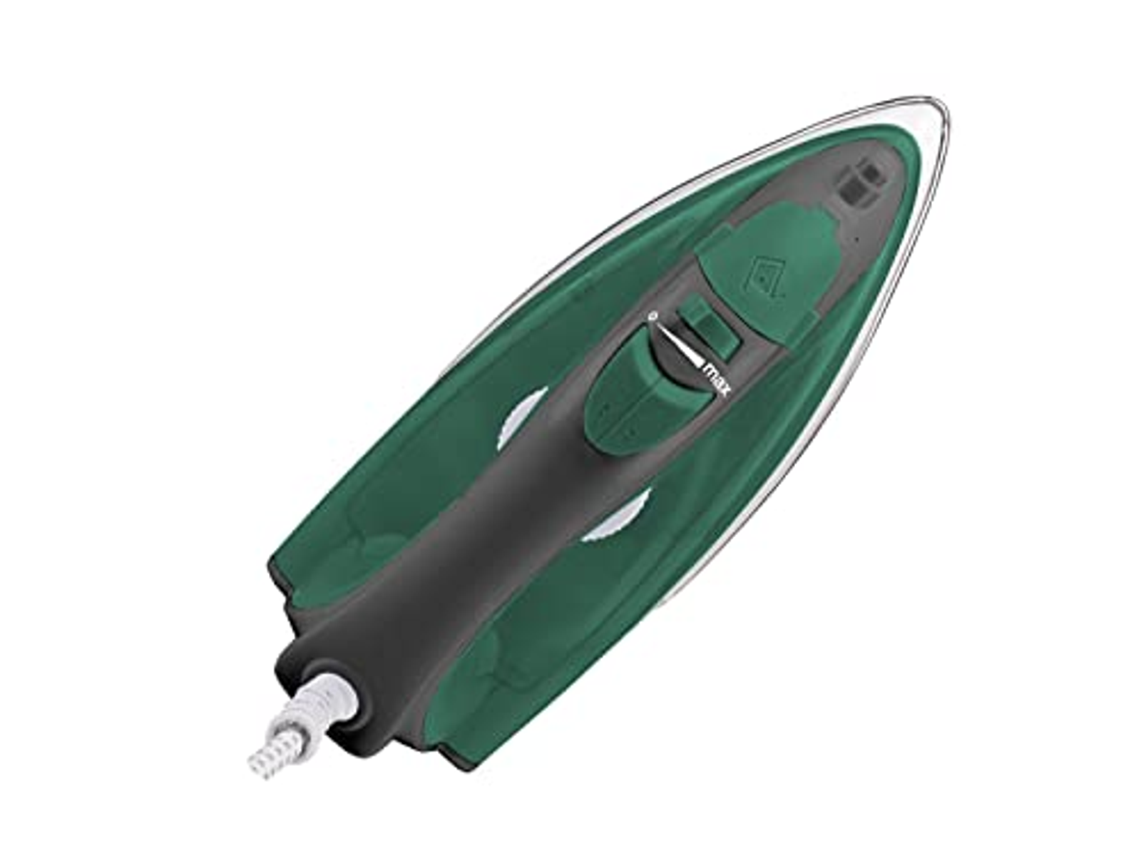Vista dall'alto verde di un ferro da stiro. L'impugnatura è nera e ha un quadrante della temperatura verde.