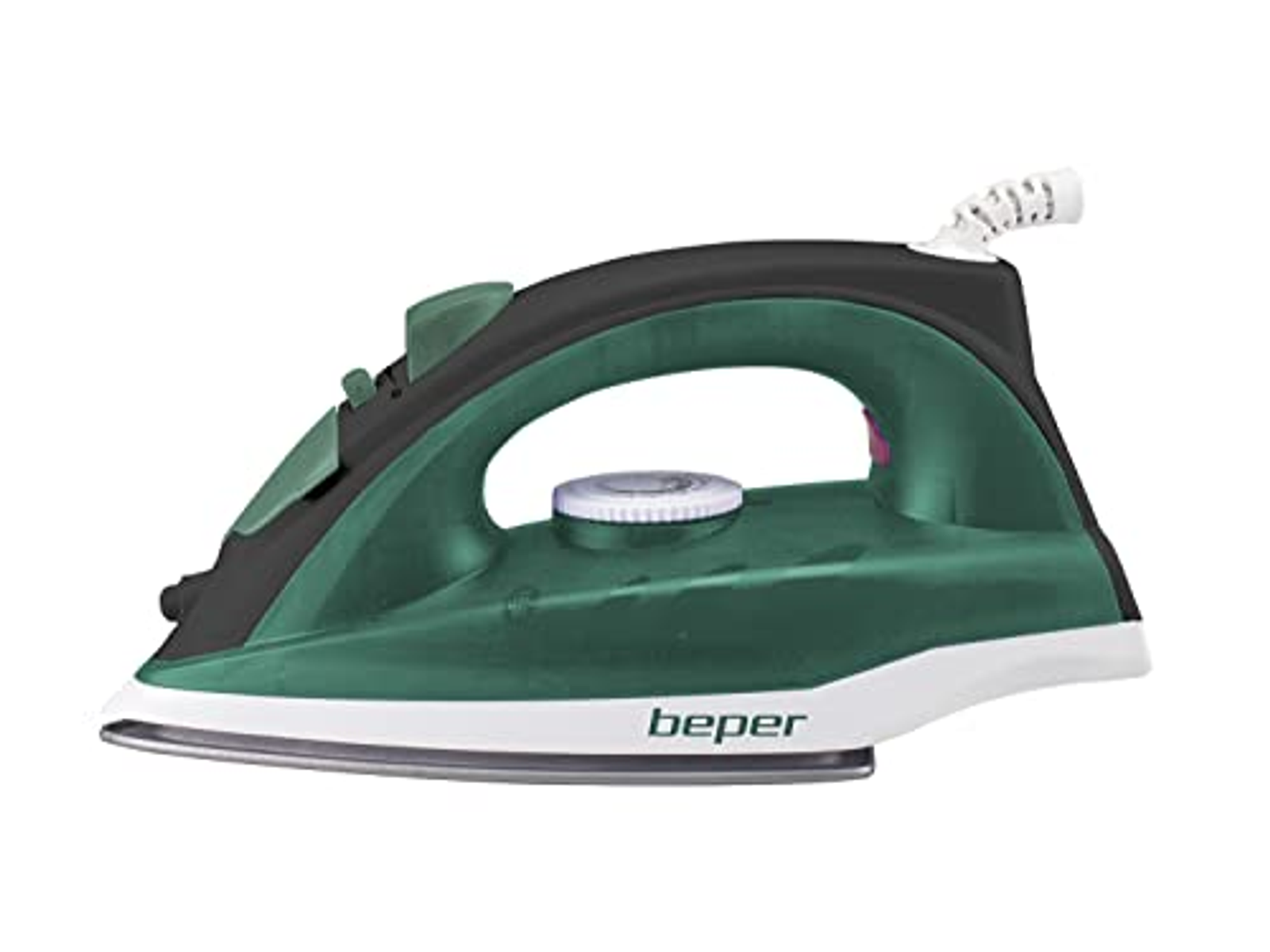 Ferro da stiro verde e nero con base bianca. Ha un manico verde e il marchio Beper.