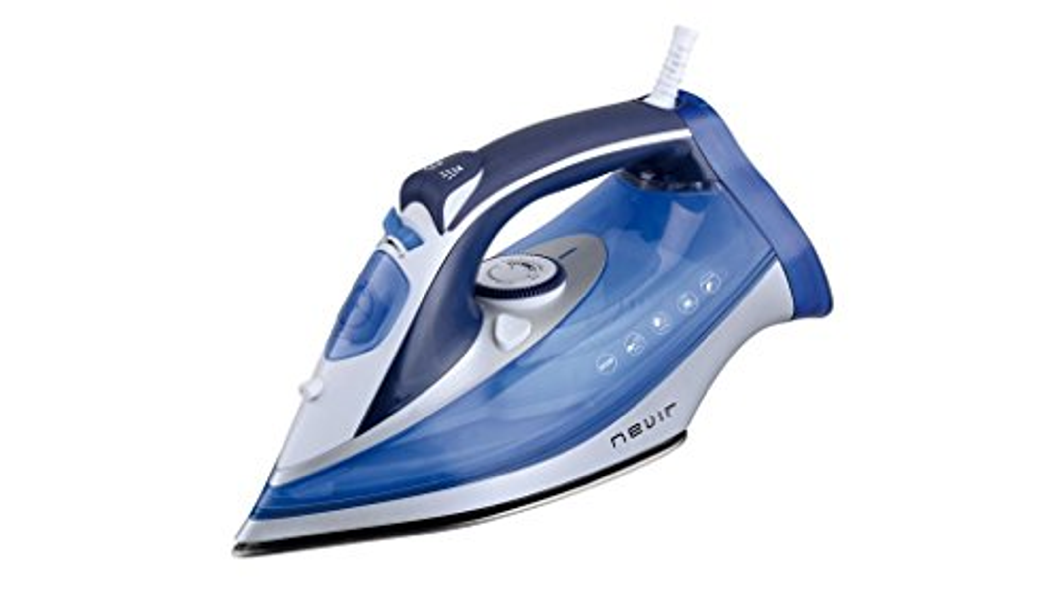 Plancha Nevir azul y blanca. Tiene un mango azul y una base blanca.