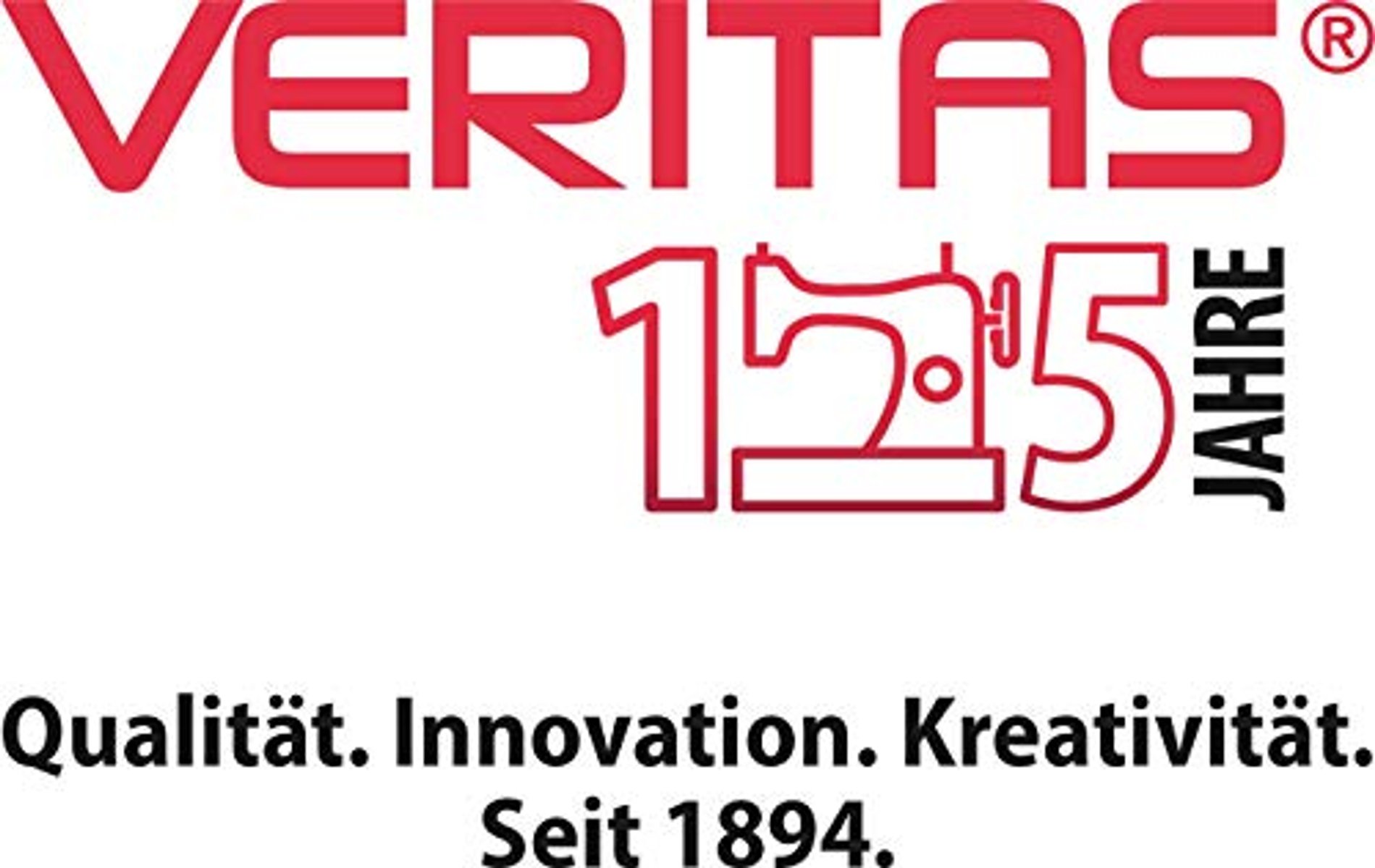 Logo von Veritas, roter Text über einem Nähmaschinenbild, mit Text '125 Jahre' und darunter Slogans.