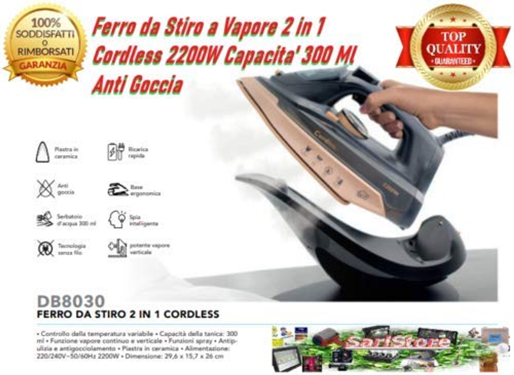 Ferro da stiro con base, testo pubblicitario in italiano, sfondo bianco.