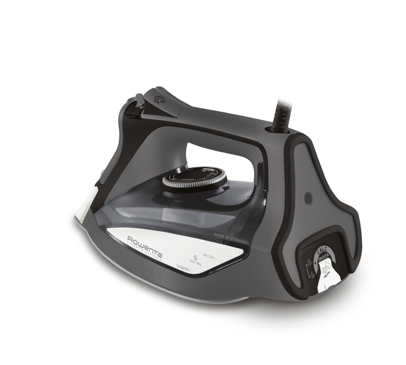 Szare i czarne żelazko z pokrętłem i przyciskami, na białym tle.