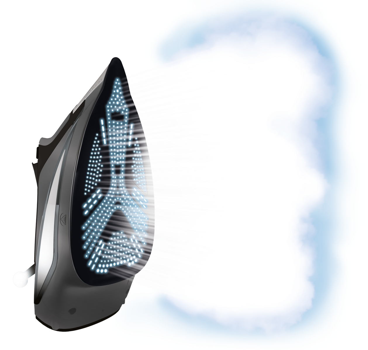 Żelazko z parą, białe tło. Wzór z niebieskim podświetleniem.