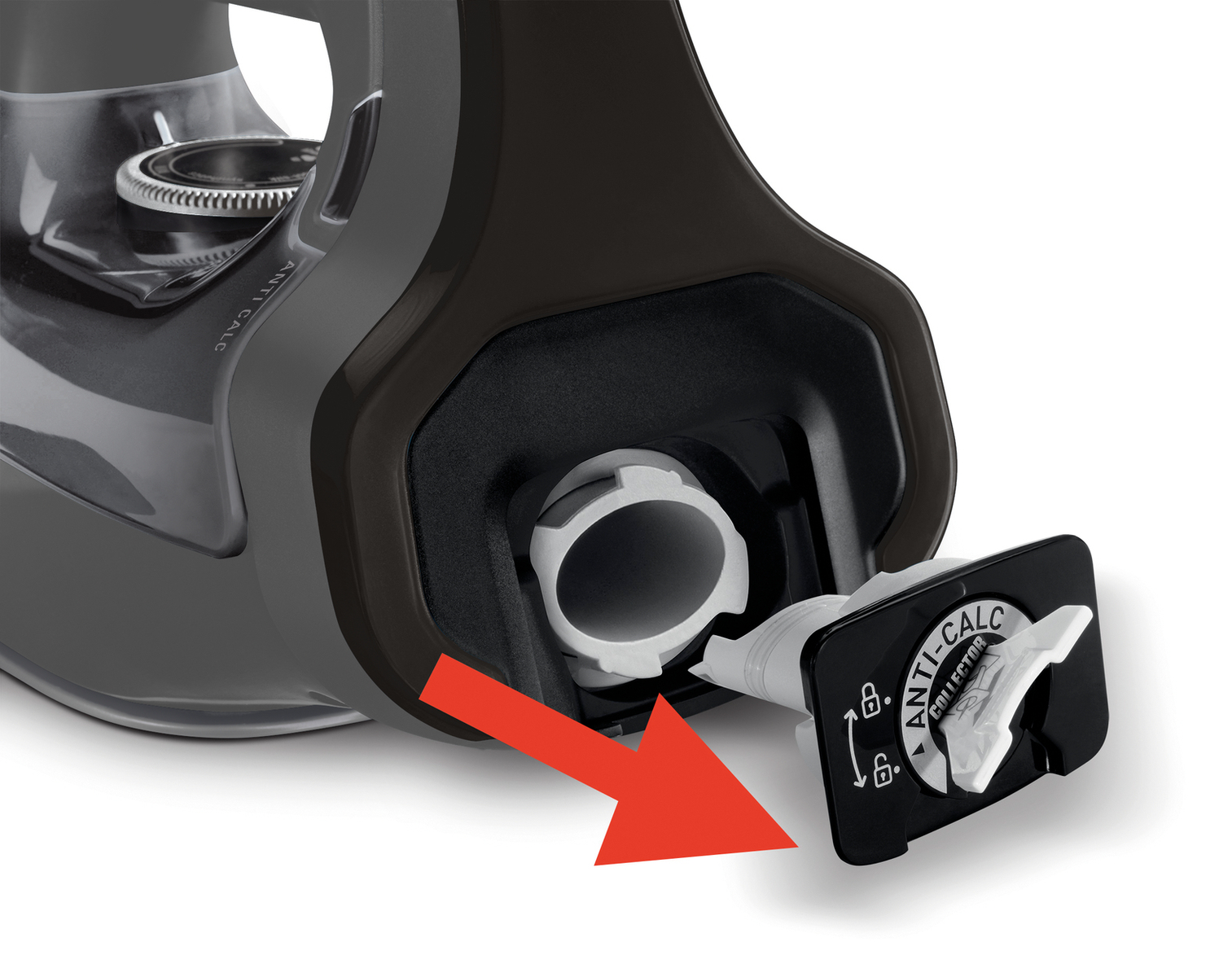 Kolektor antywapienny żelazka jest usuwany, wskazany strzałką. Żelazko jest szare.