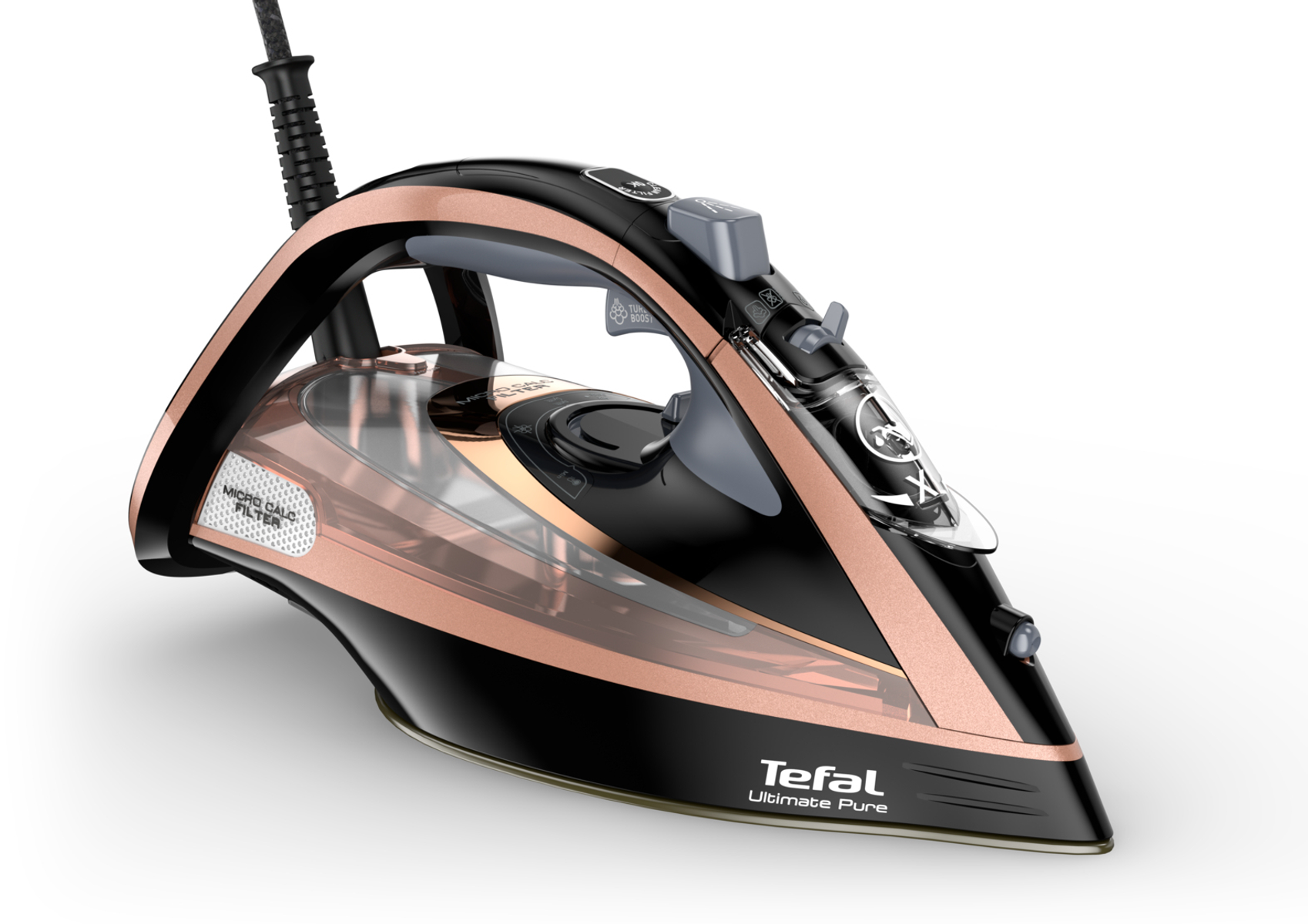 Ferro da stiro Tefal Ultimate Pure, nero con dettagli oro rosa, su sfondo bianco.