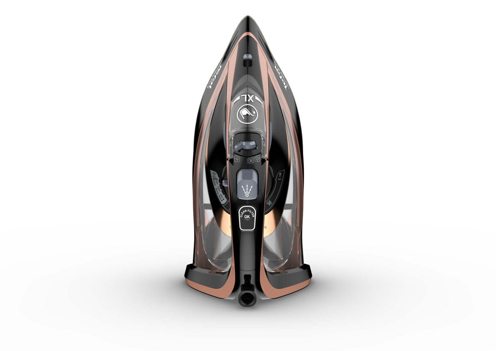 Un ferro da stiro Tefal nero e oro rosa. È visto frontalmente.