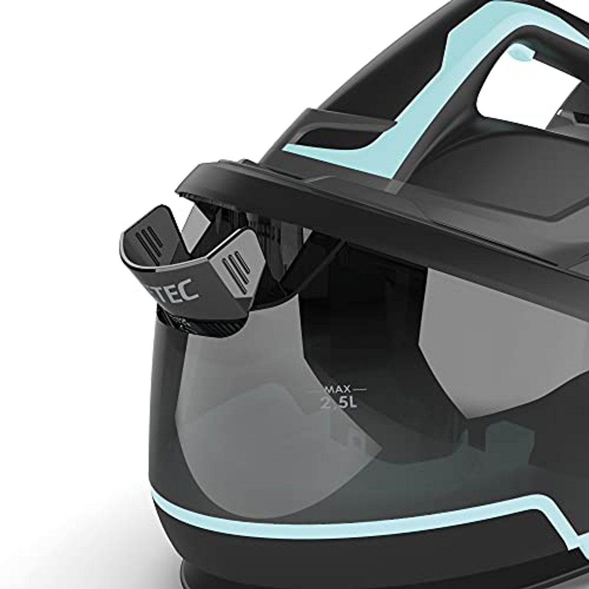 Nahaufnahme einer schwarzen Dampfbügeleisenbasis mit blauen Akzenten, die den Wassertank zeigt.