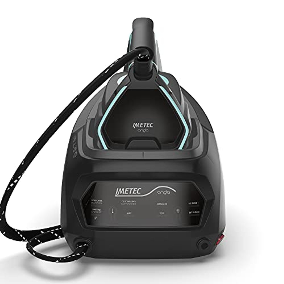 Schwarzes und graues Dampfbügeleisen. Enthält ein Kabel und ein Bedienfeld. Der Markenname ist Imtec.