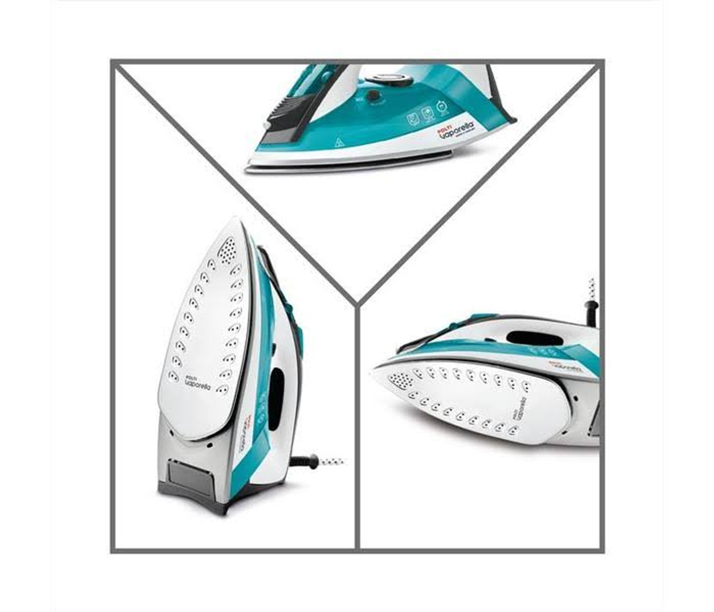 Żelazko z różnych perspektyw. Biało-niebieski design. Widoczny kabel.