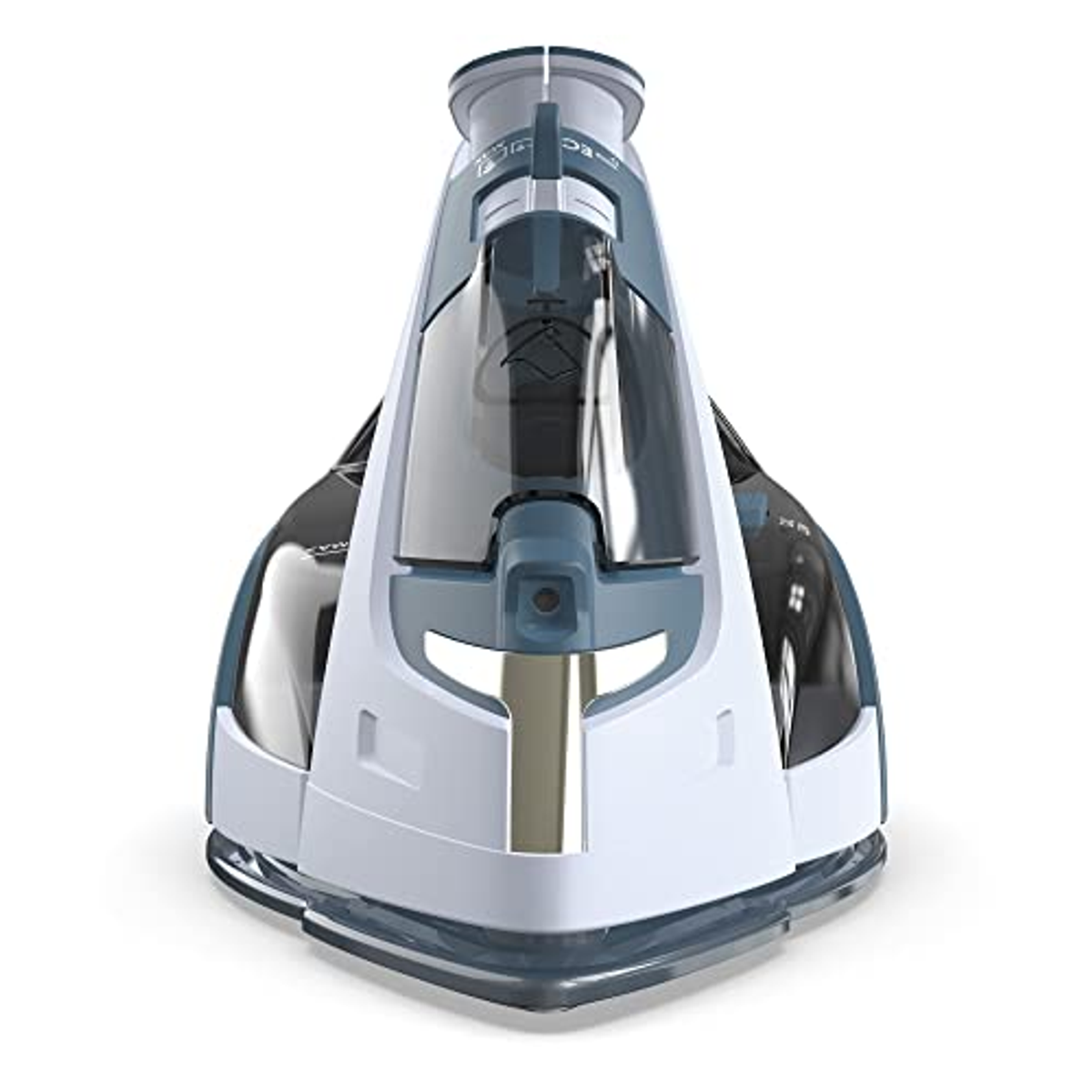 Ferro da stiro a vapore bianco e blu. Il ferro ha un serbatoio dell'acqua trasparente e un design elegante.