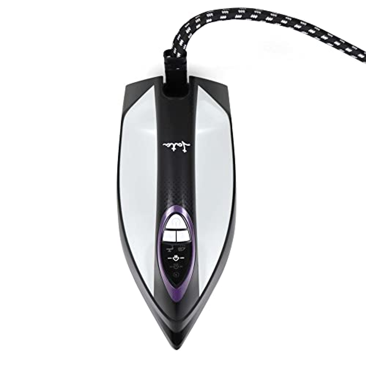 Ein schwarz-weißes Bügeleisen mit einem schwarz-weißen Kabel.