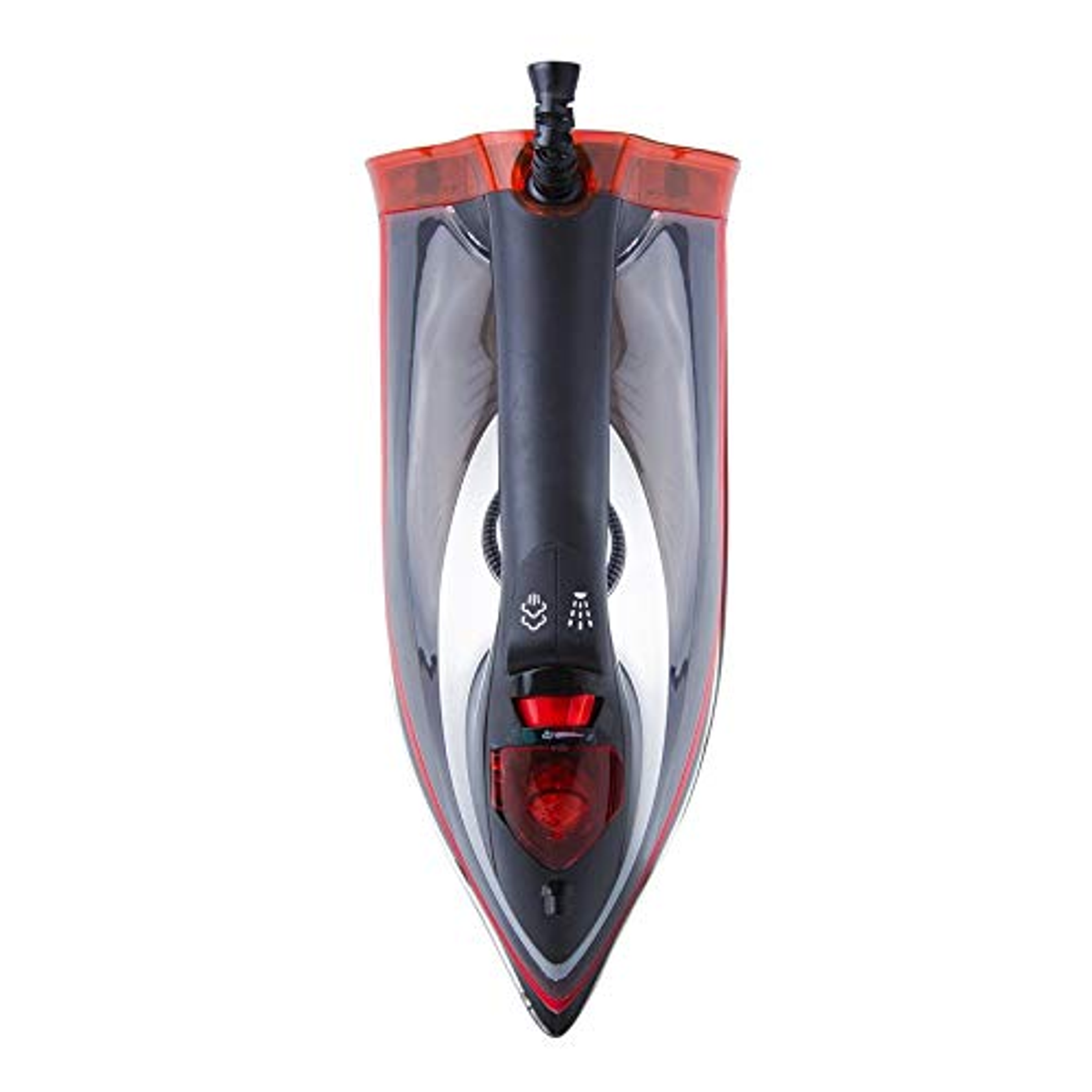 Plancha con depósito de agua rojo transparente y mango negro. La suela es negra y roja.