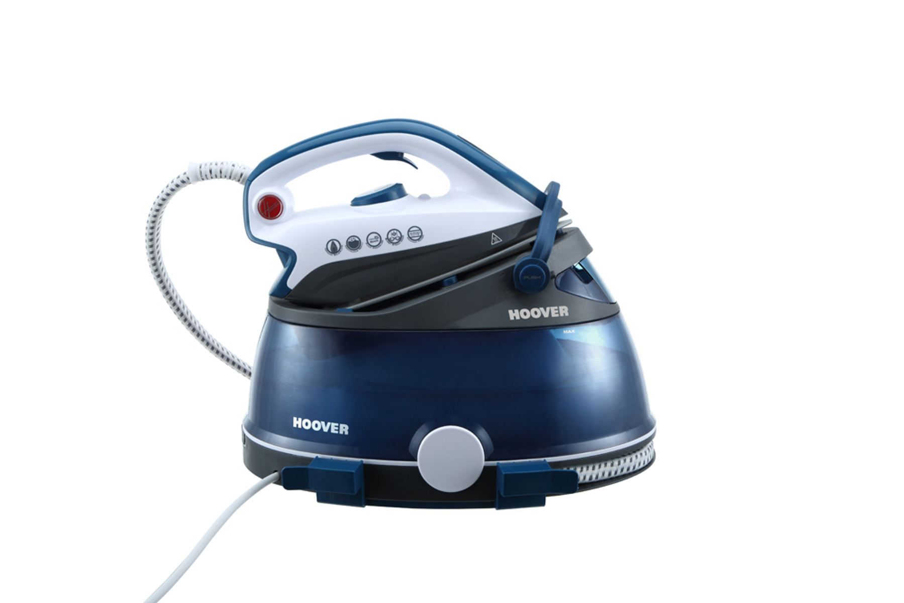 Blaues und weißes Bügeleisen mit Dampfgenerator, mit dem Wort Hoover.