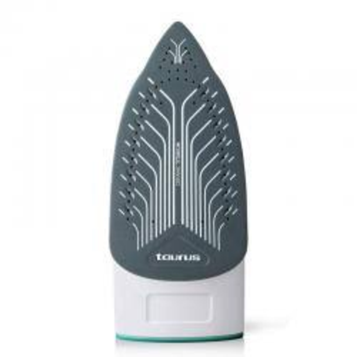 Primer plano de una suela de plancha gris con detalles blancos y verdes, la marca es Taurus.