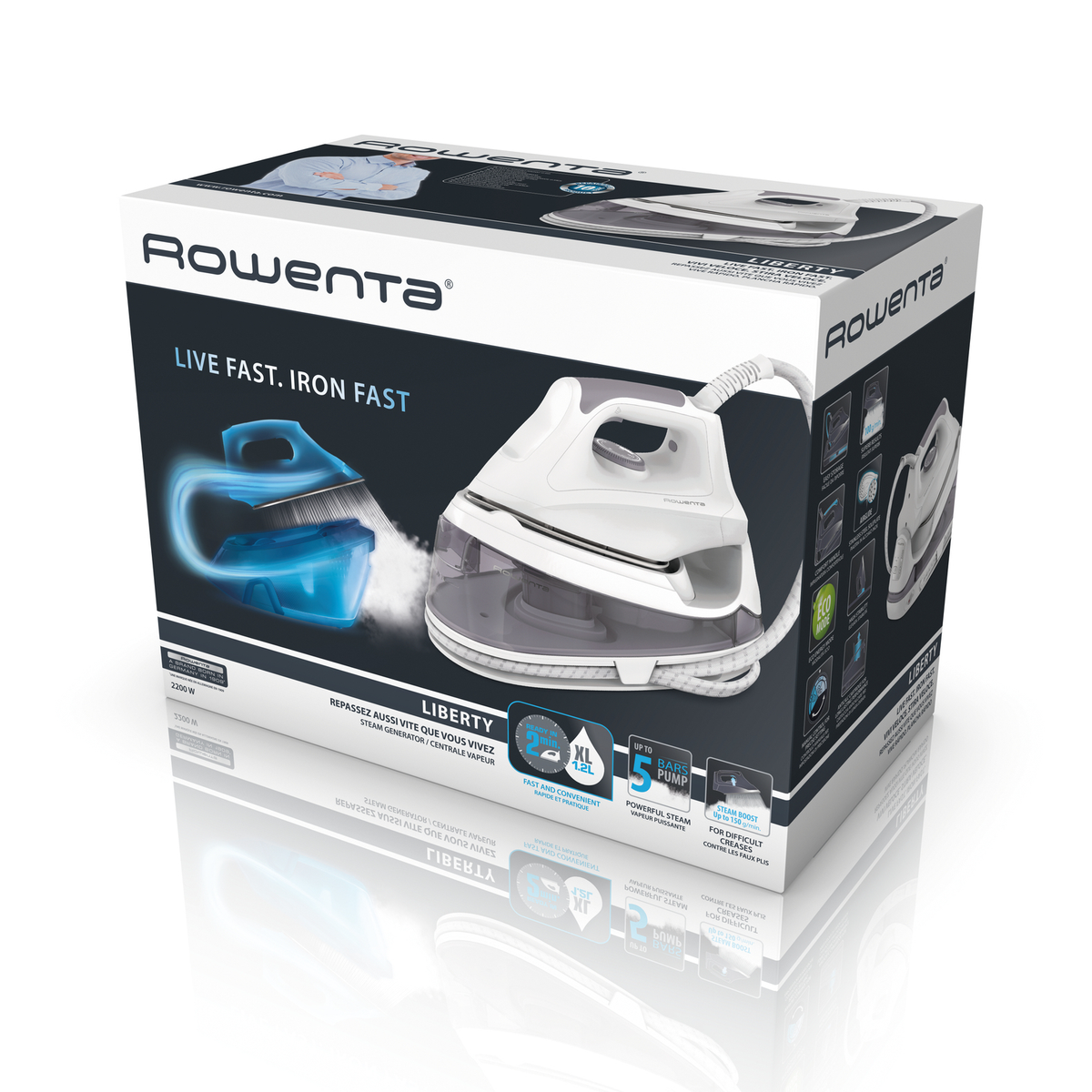 Centro de planchado - ROWENTA Liberty VR5020, 220 V, 150 g/m, 5,0 bar, Acero inoxidable, Blanco