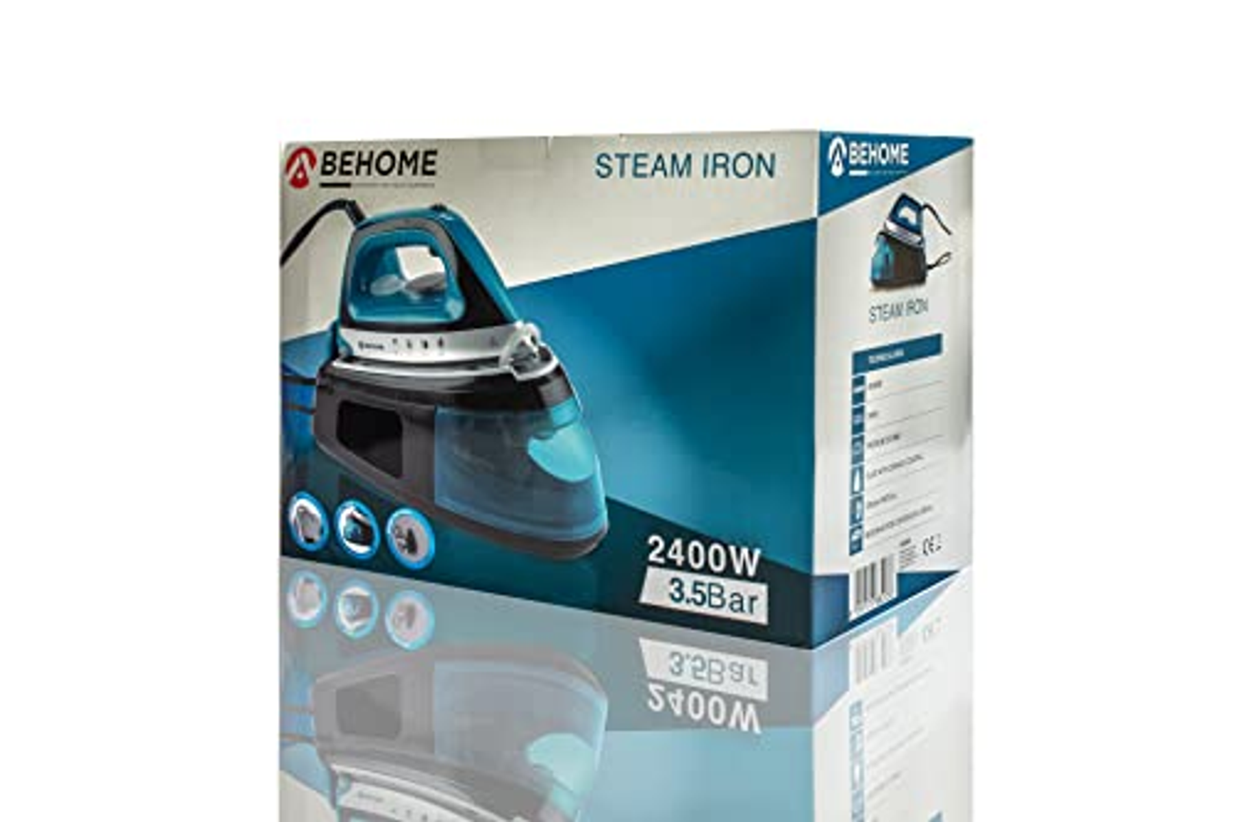 Eine Box mit Dampfbügeleisen. Das Bügeleisen ist blau und schwarz. Produktinformationen sind gedruckt.