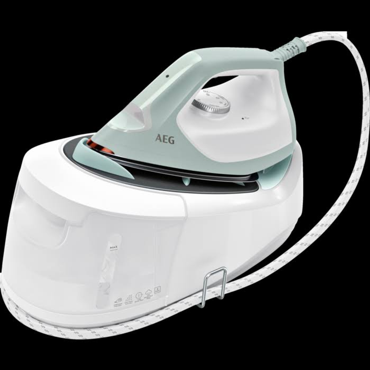 Ein AEG-Dampfbügeleisen auf seiner Basis, helltürkis und weiß, mit Wassertank und weißem Kabel.
