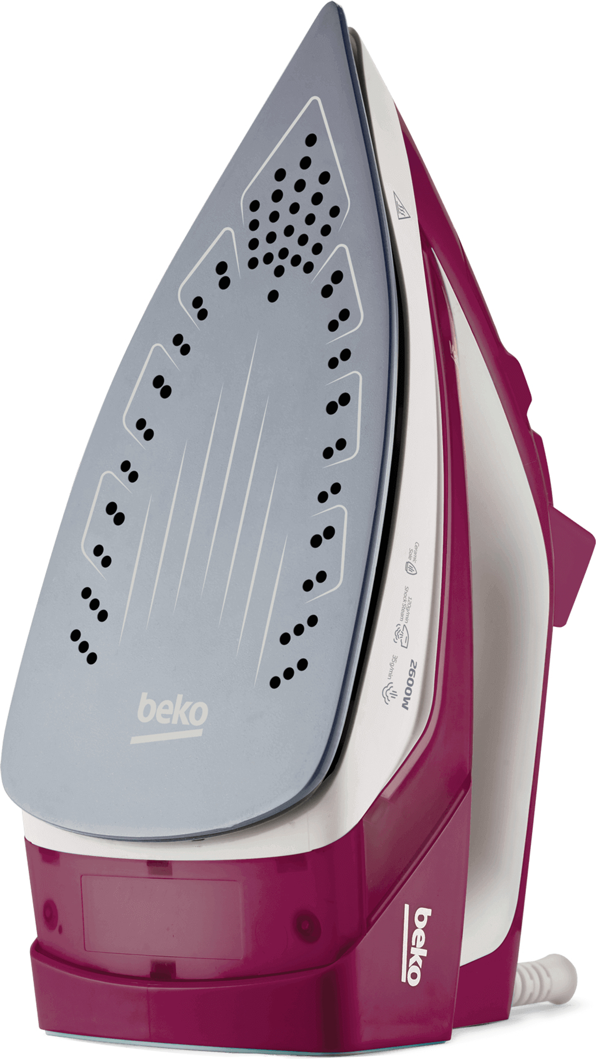 Un fer à vapeur Beko. La semelle est grise, le reste fuchsia et blanc. Le fer est incliné.