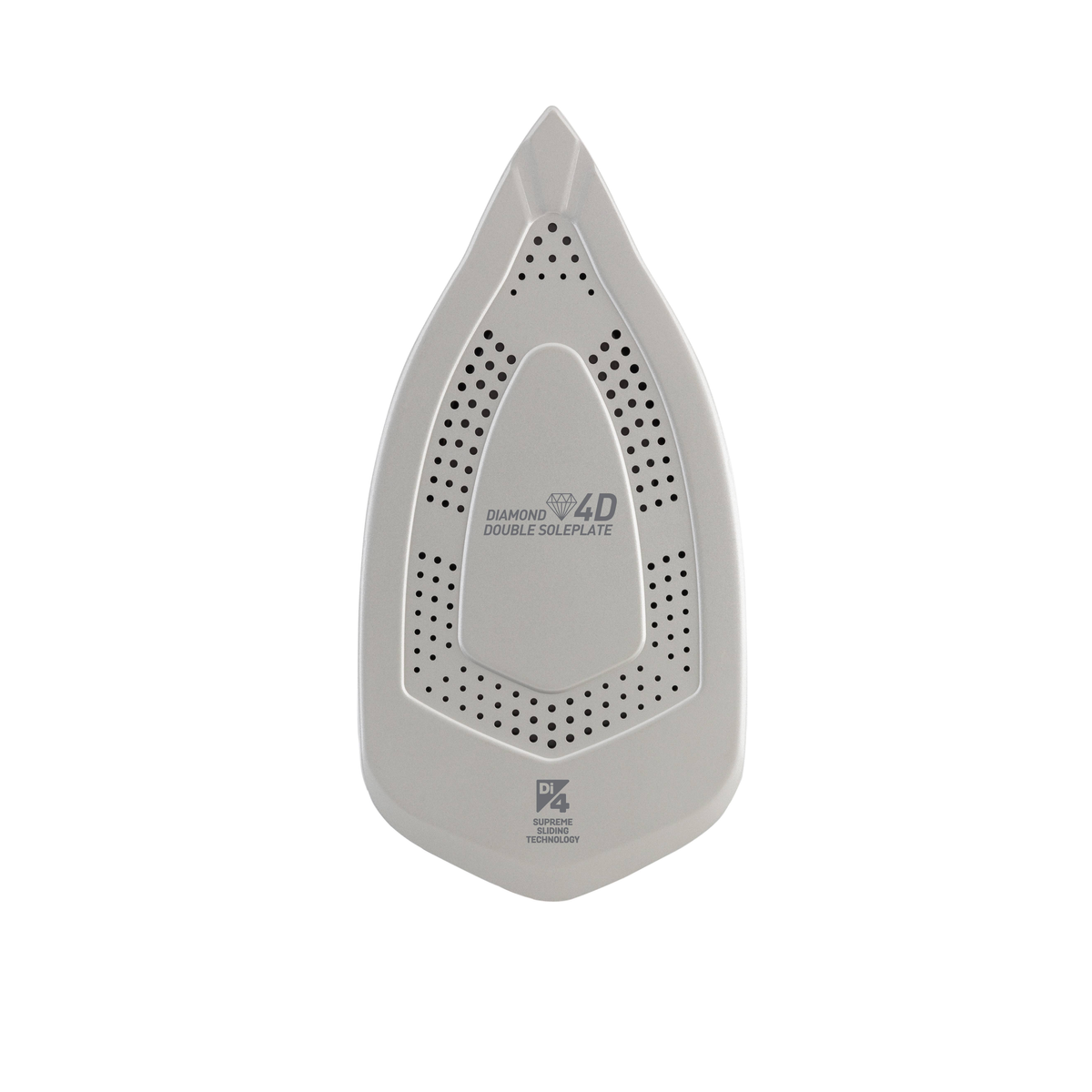 Suela de plancha, blanca con ventilas, texto diamond 4D. 'Diamond Double Soleplate' visible.