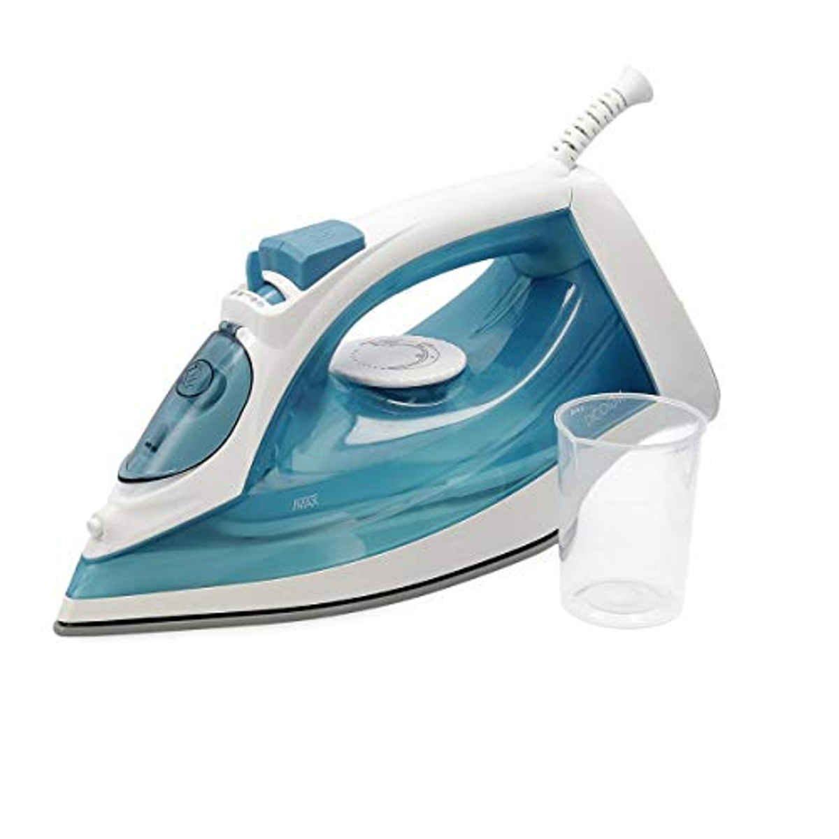 Una plancha blanca y azul con una taza medidora transparente a su lado, sobre un fondo blanco.