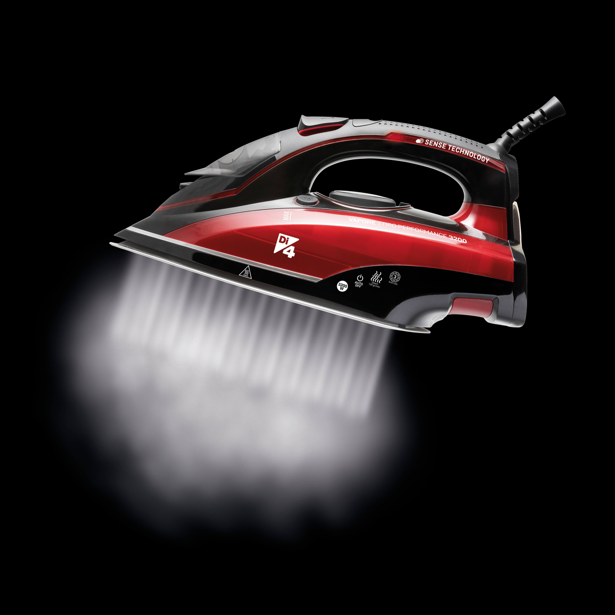 Plancha negra y roja liberando vapor contra fondo negro.