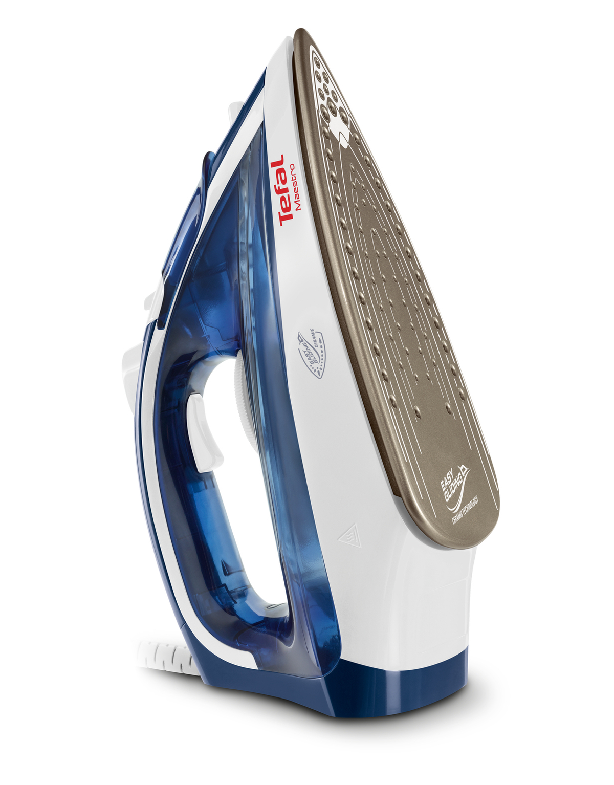 Blue and white iron, angled view. White background. 