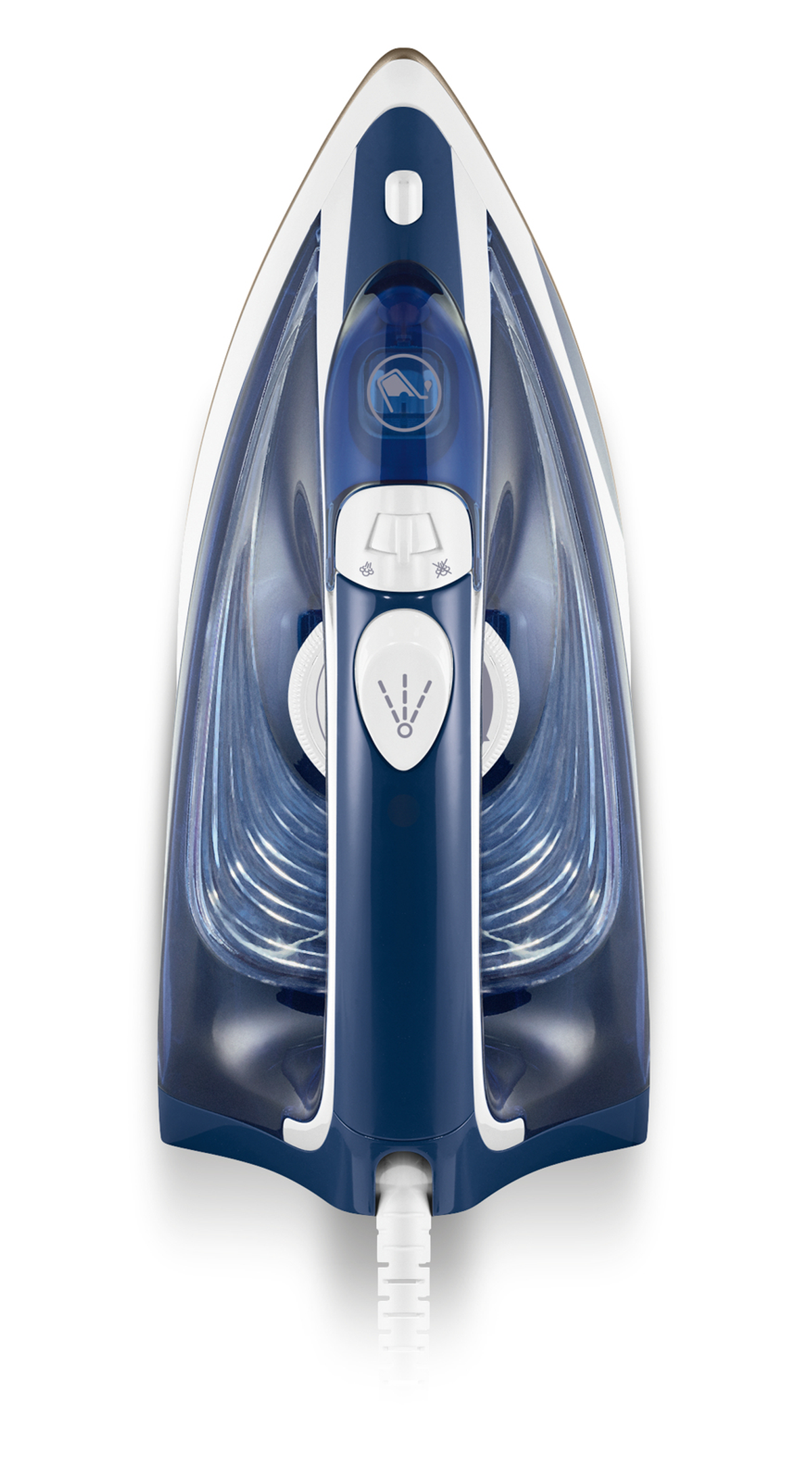 Top view of a blue and white iron with a white power cord.