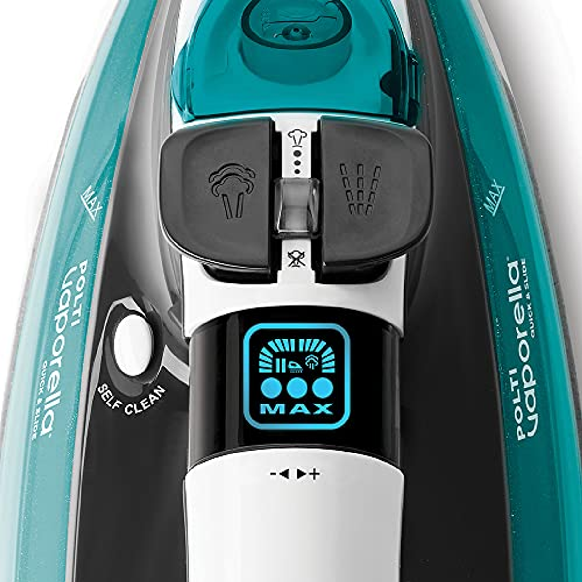 Zbliżenie żelazka z wyświetlaczem cyfrowym. Żelazko jest turkusowe i czarne.