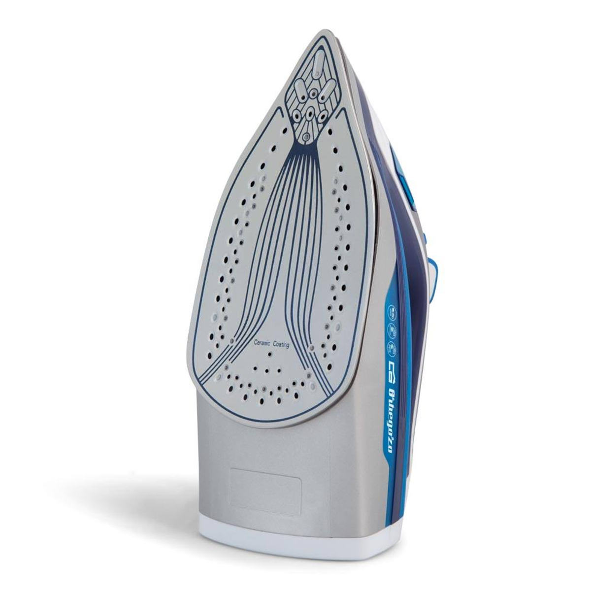 Bügeleisenfuß, blau und silber, Keramikbeschichtung. Ansicht der Unterseite, Löcher und Design.
