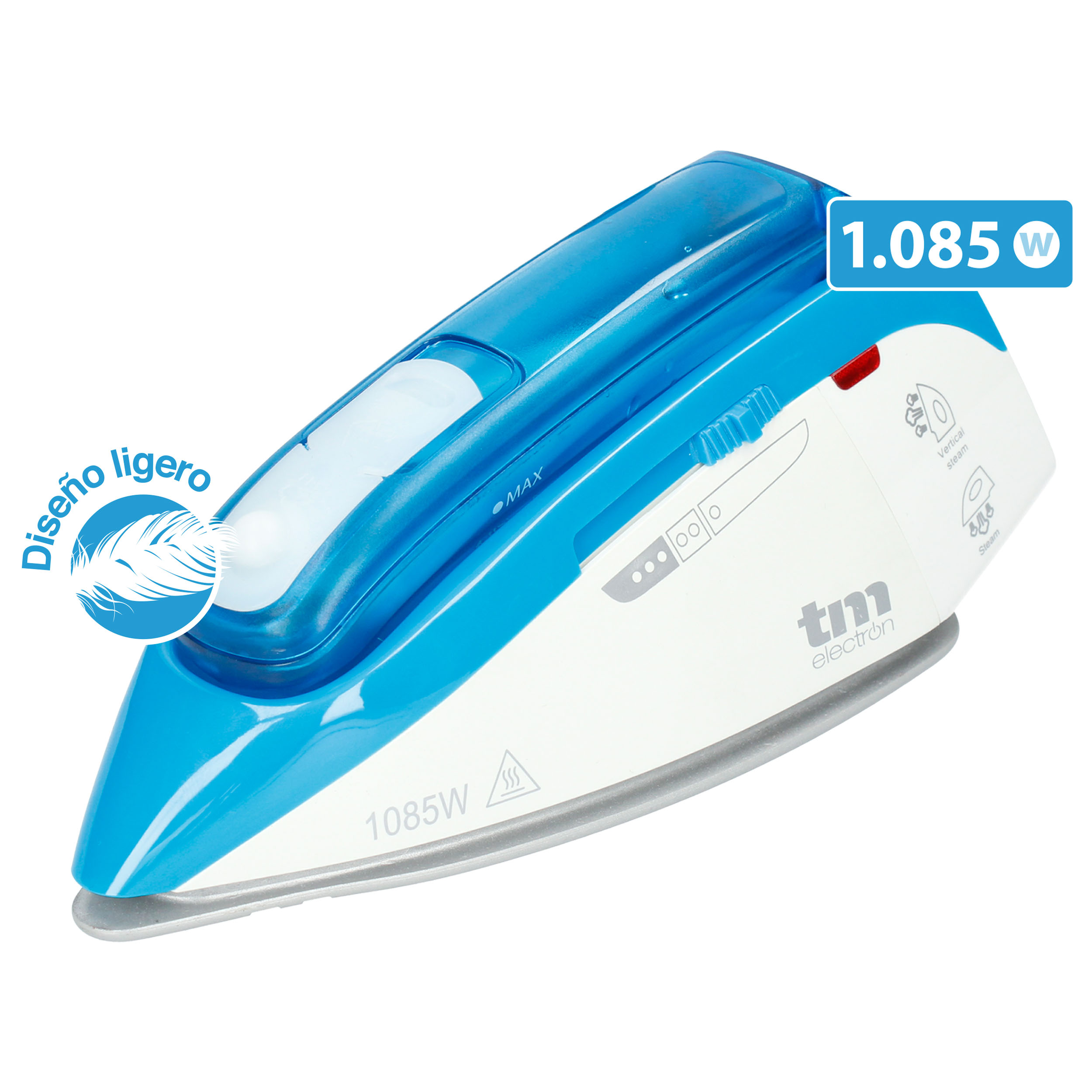 Ein blaues und weißes Bügeleisen mit Digitalanzeige, die 1.085W anzeigt.