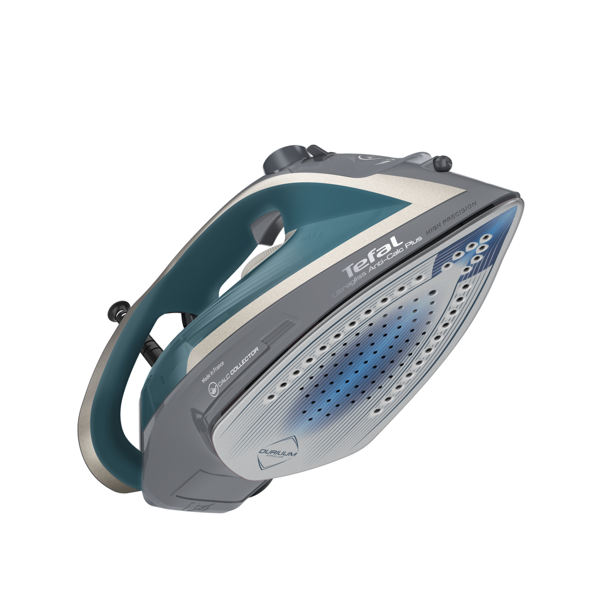 Blaues und graues Bügeleisen. Es ist die Marke Tefal. Es hat einen blauen Griff.