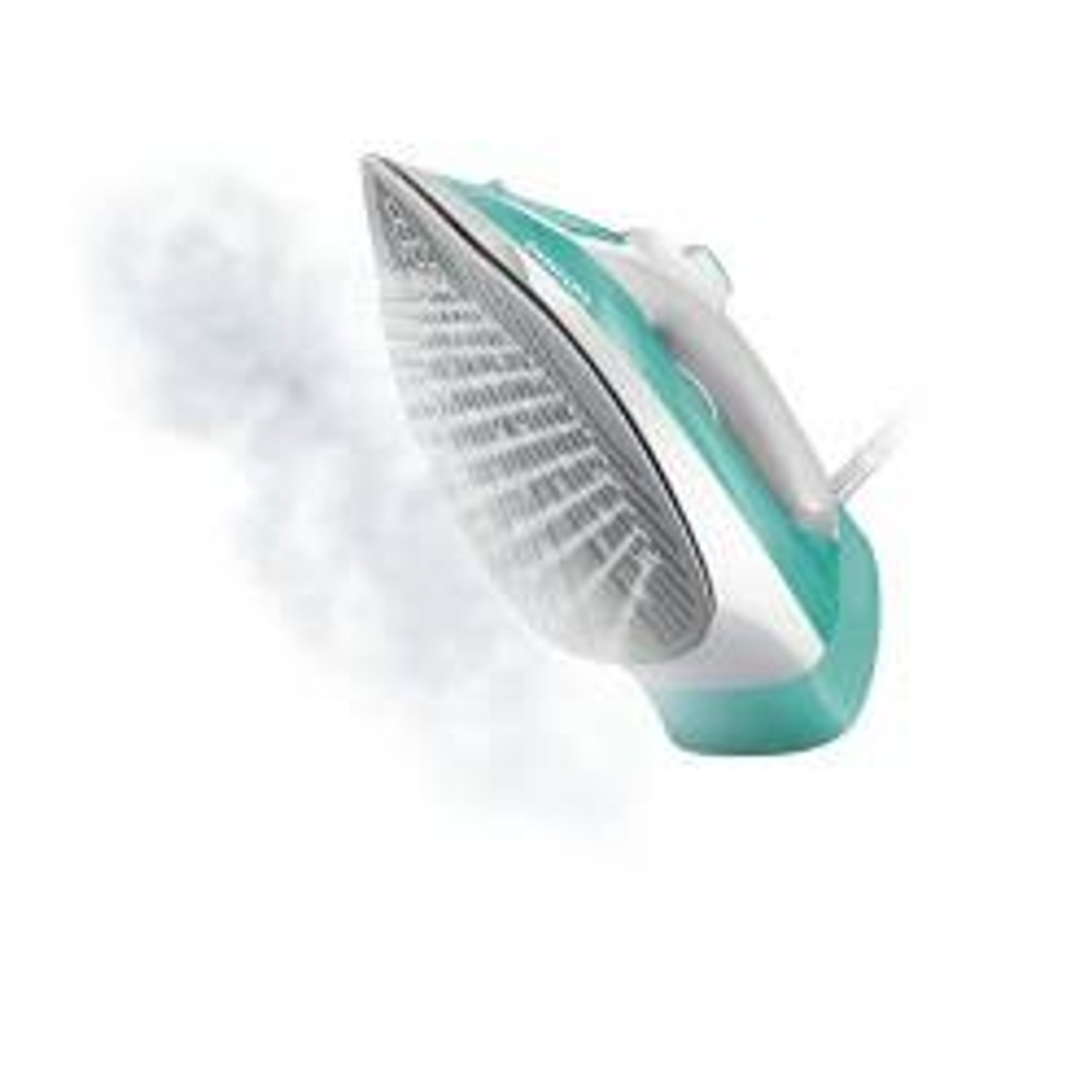 Una plancha blanca y verde azulado con vapor saliendo. Está sobre un fondo blanco.