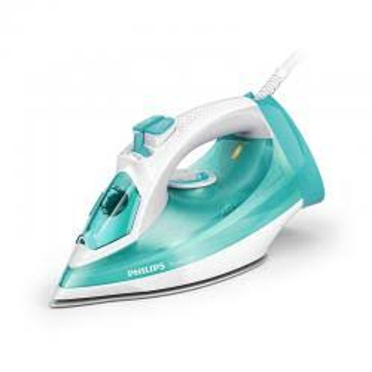 Una plancha turquesa y blanca. La marca es PHILIPS.