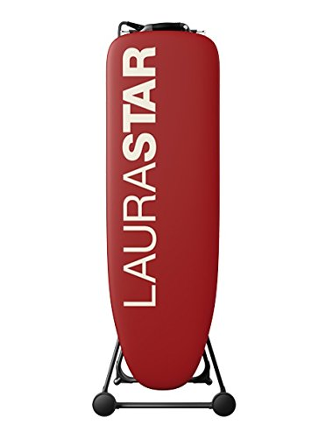 Ein rotes Bügelbrett mit dem Wort LAURASTAR in weißen Buchstaben.