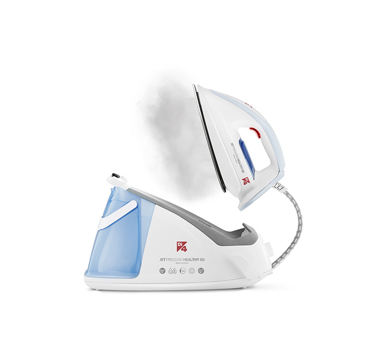 Plancha blanca y azul y una base separada. Sale vapor. La marca es Di4.