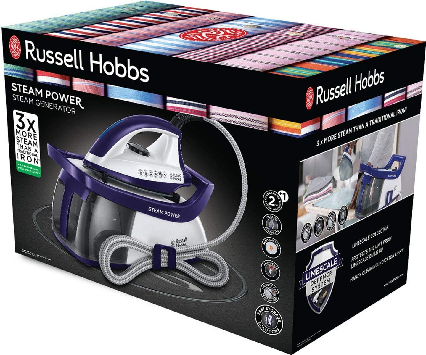 Caja con plancha de vapor. Textos: Russell Hobbs y Steam Power. Patrones de camisas coloridas de fondo.