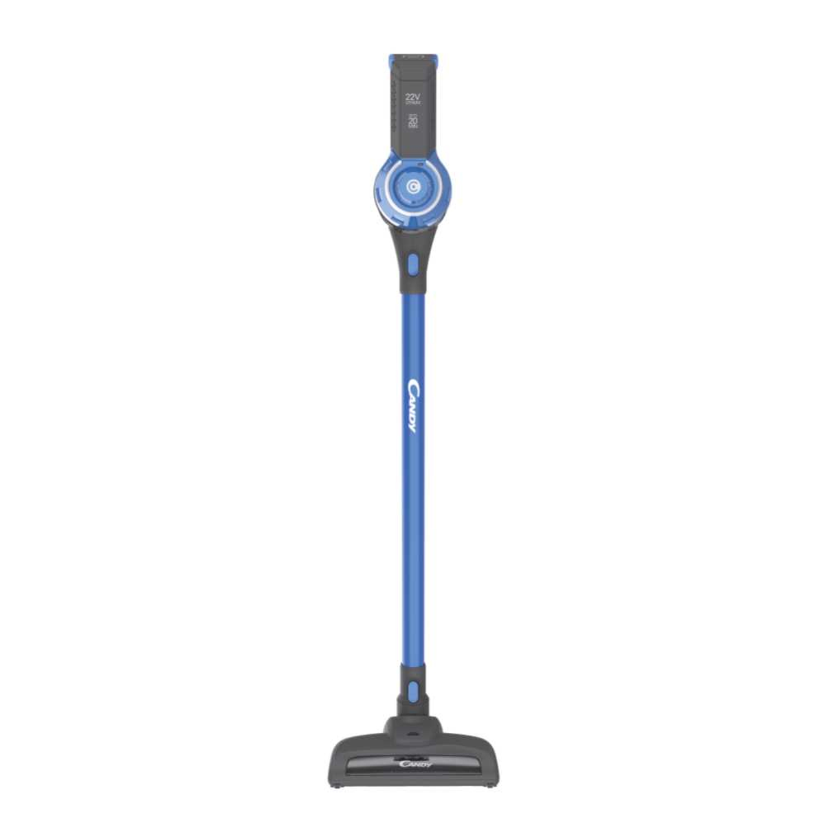 Ein blauer Stiel-Staubsauger. Der Markenname Candy steht auf dem Gehäuse.