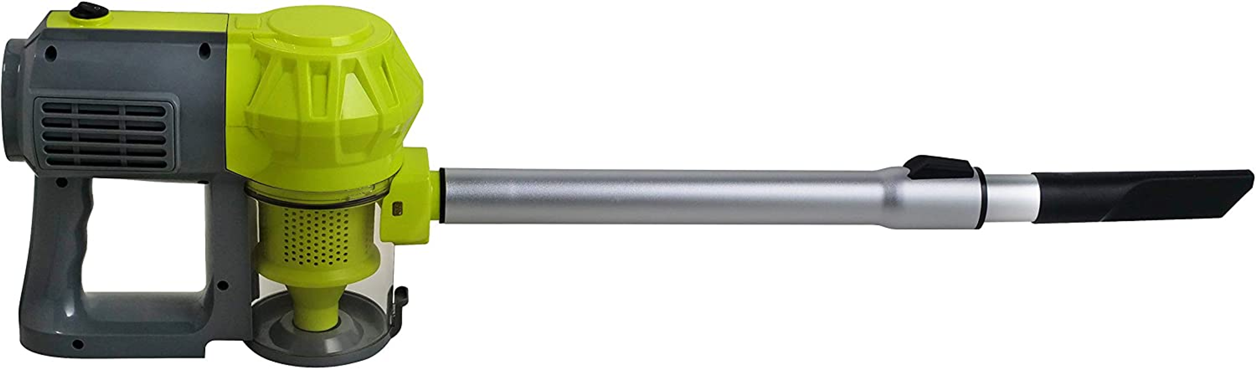 Zielony i szary odkurzacz pionowy na białym tle.