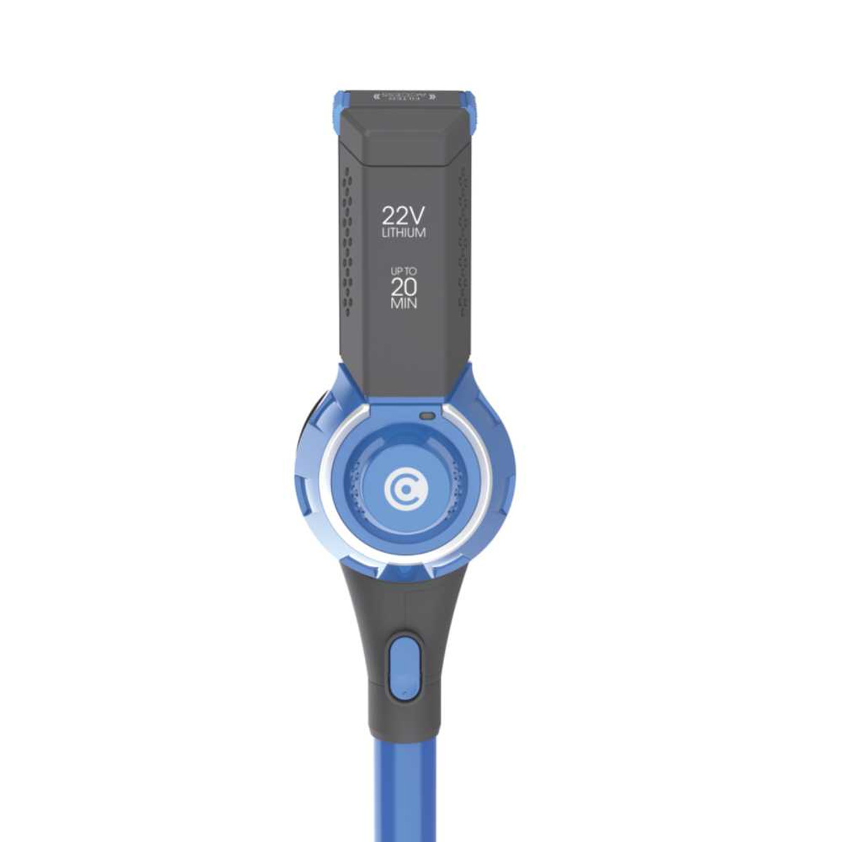 Ein blau-grauer Handstaubsauger. Text: 22V Lithium, Bis zu 20 Min.