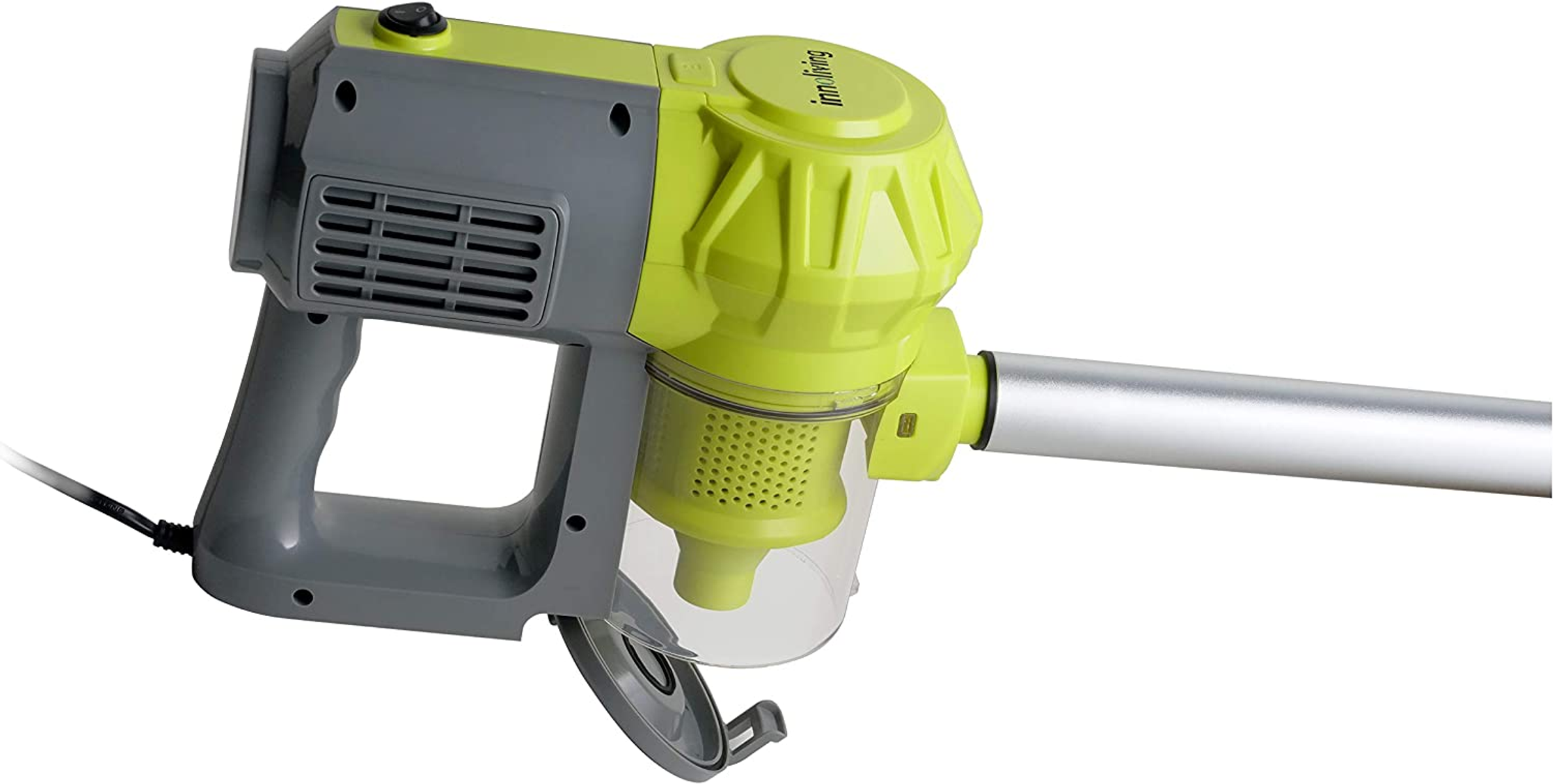 Odkurzacz ręczny. Jest szary i zielony. Odkurzacz na białym tle.