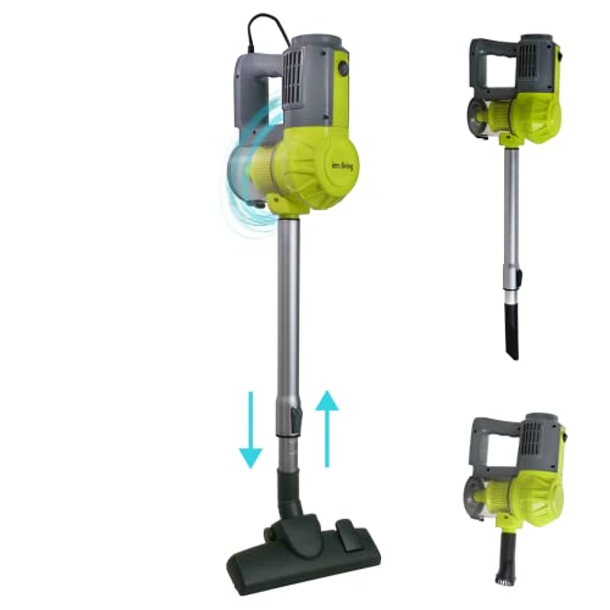 Zielono-szary odkurzacz bezprzewodowy. Trzy obrazy pokazują różne widoki odkurzacza.