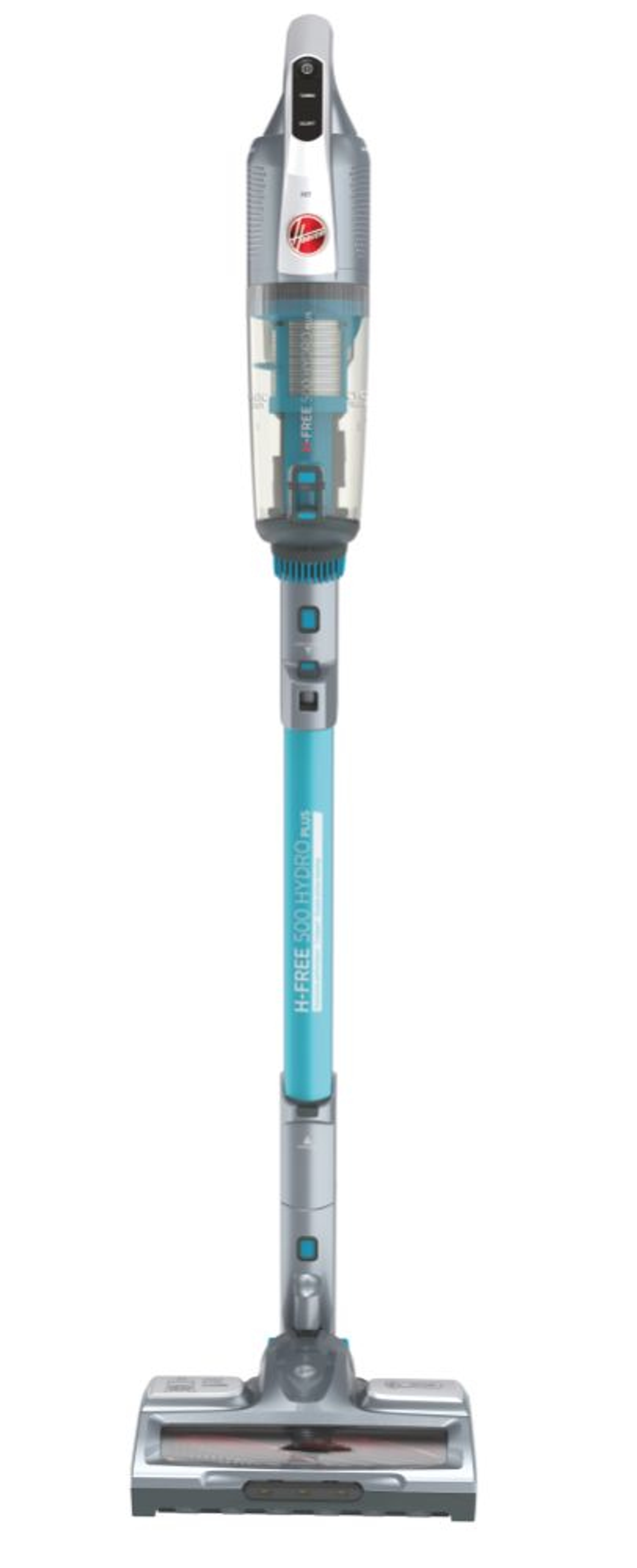 Biały i turkusowy bezprzewodowy odkurzacz, stojący na białym tle.
