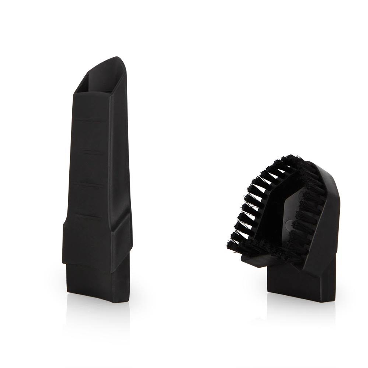 Dos accesorios negros para aspiradora: una boquilla estrecha y un cabezal de cepillo.