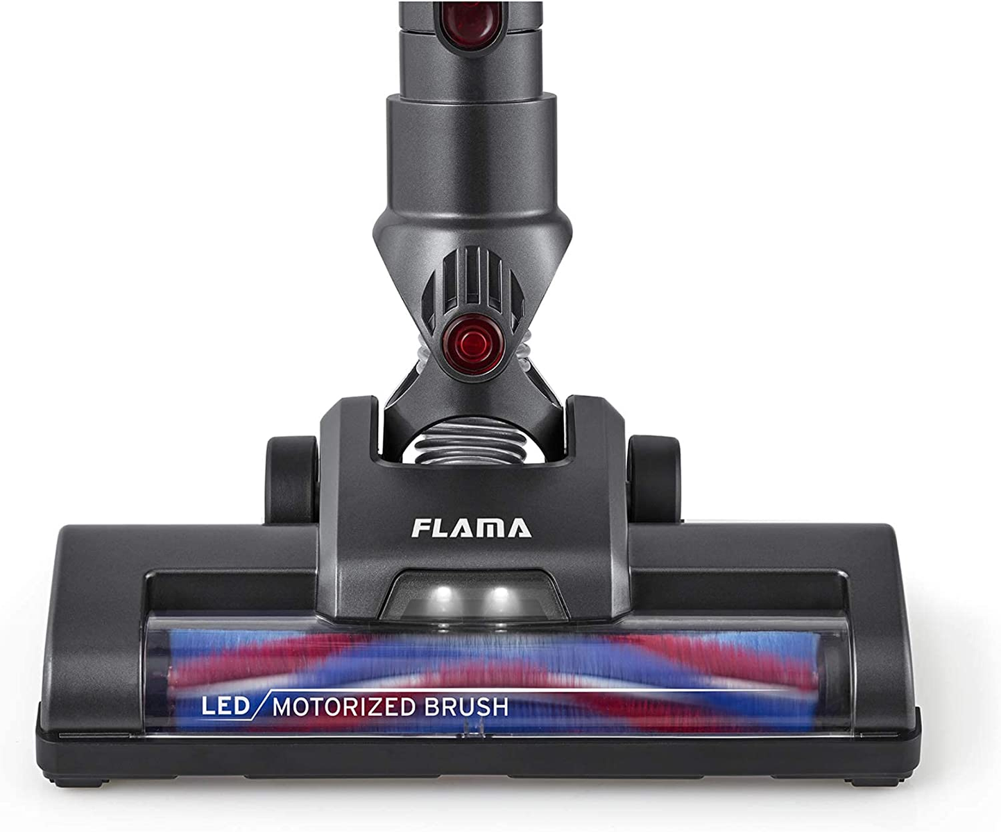 Primer plano del cabezal de una aspiradora con cepillo motorizado y cerdas rojas/azules.