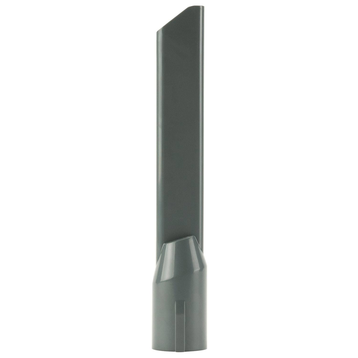 Un accesorio gris para aspiradora, largo y delgado, para limpiar espacios reducidos.